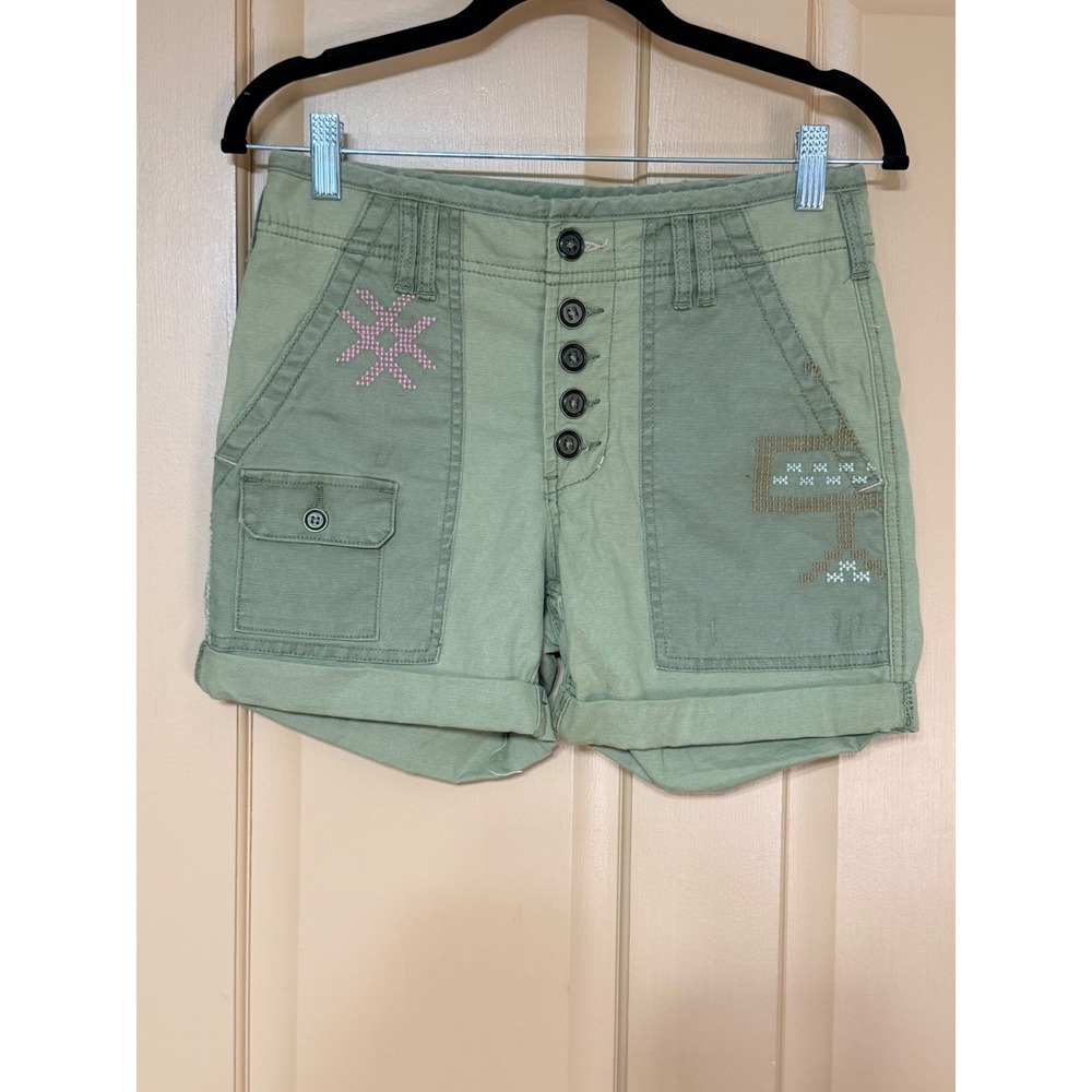 Pilcro and the Letterpress Green Patchwork Cargo Shorts Button Fly Size 25